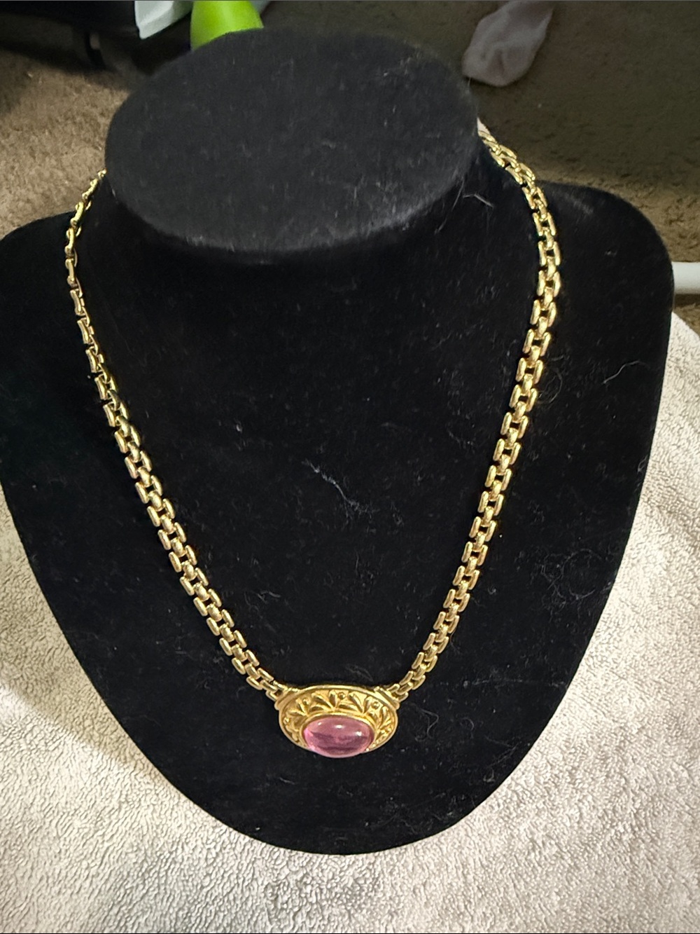 Trifari Gold-Tone Chain Necklace with Pink Cabochon Pendant